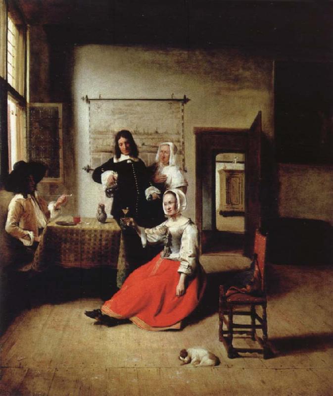 Pieter de Hooch Weintrinkende woman in the middle of these men China oil painting art